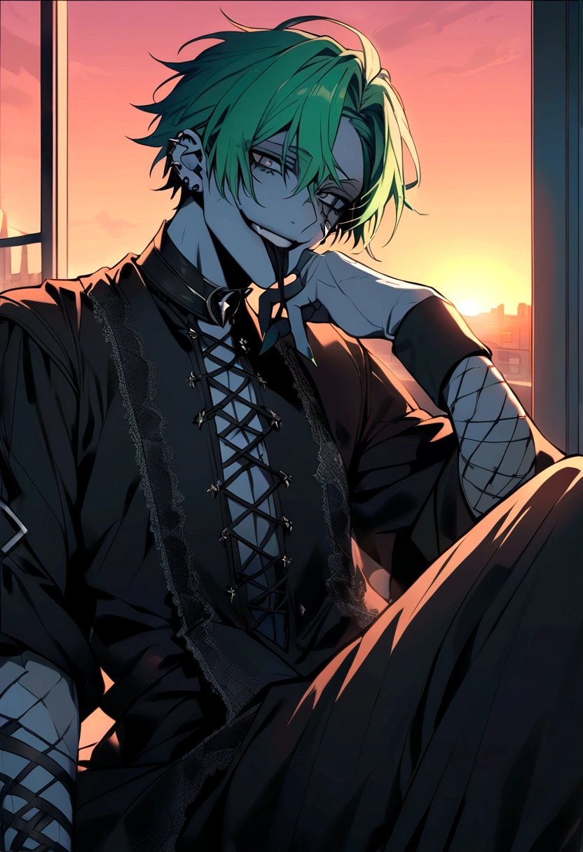 man with black an green hair and light grey eyes, stitches on his face around his mouth, piercings, wearing gothic clothes, sitting on a windowsill, sunset behind him, evil smile