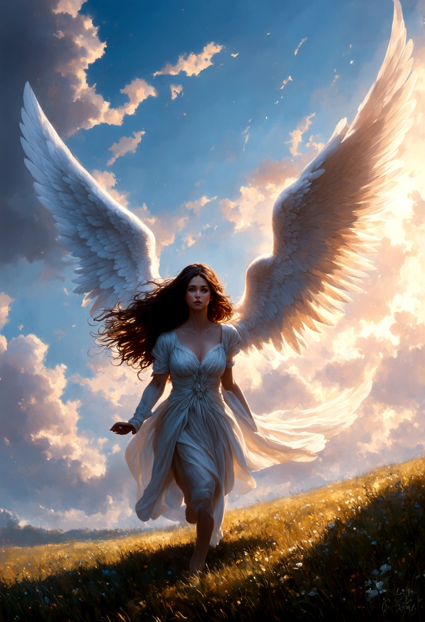 a beautiful angel, falling from heaven, dramatic lighting, cinematic scene, intricate detailed wings, angelic facial features, long flowing hair, ethereal glowing aura, dramatic pose, cloudy sky background, dramatic lighting, dramatic atmosphere, fantasy, concept art, digital painting, photorealistic, highly detailed, 8k, (best quality,4k,8k,highres,masterpiece:1.2),ultra-detailed,(realistic,photorealistic,photo-realistic:1.37),cinematic lighting,dramatic colors