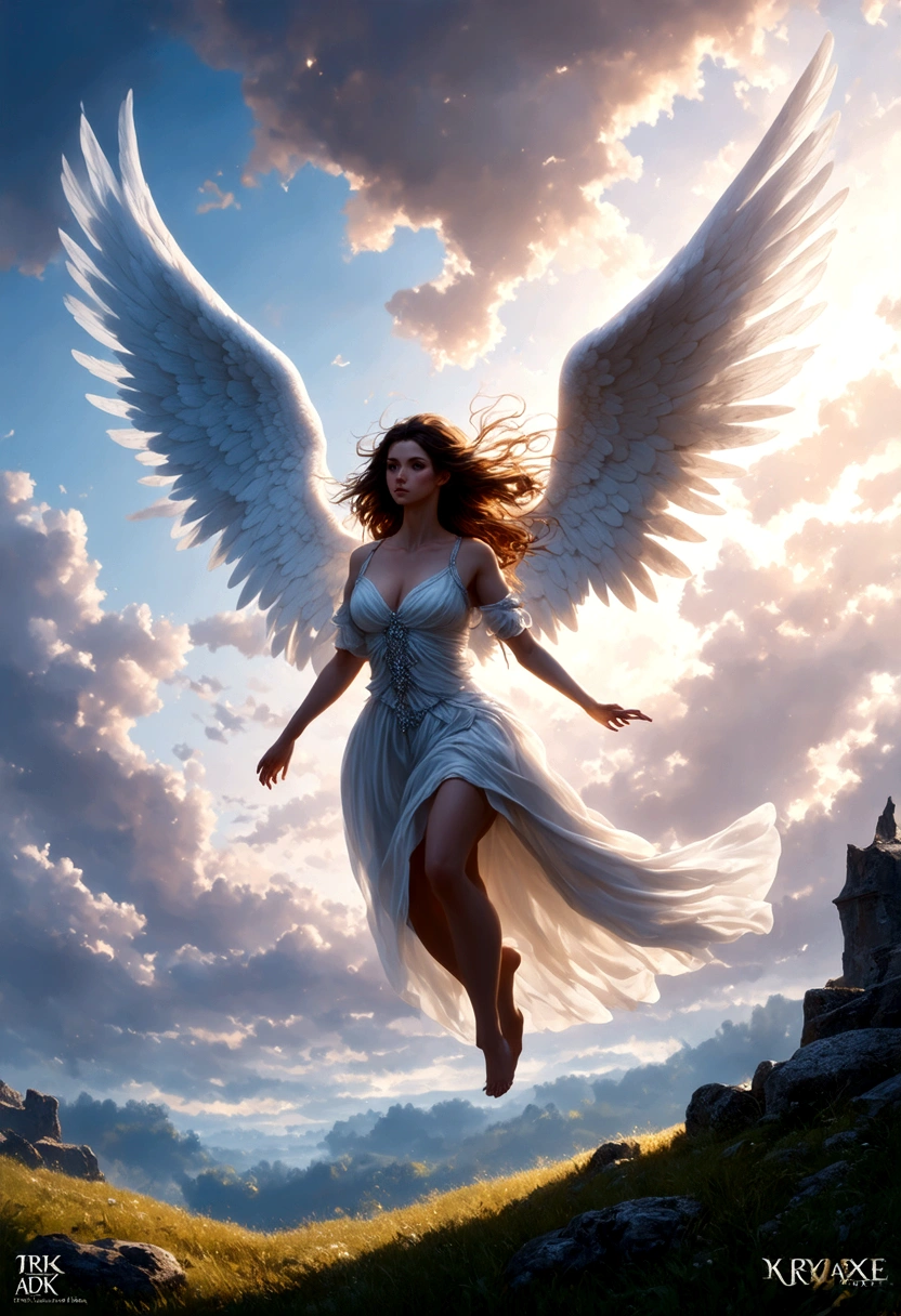 a beautiful angel, falling from heaven, dramatic lighting, cinematic scene, intricate detailed wings, angelic facial features, long flowing hair, ethereal glowing aura, dramatic pose, cloudy sky background, dramatic lighting, dramatic atmosphere, fantasy, concept art, digital painting, photorealistic, highly detailed, 8k, (best quality,4k,8k,highres,masterpiece:1.2),ultra-detailed,(realistic,photorealistic,photo-realistic:1.37),cinematic lighting,dramatic colors