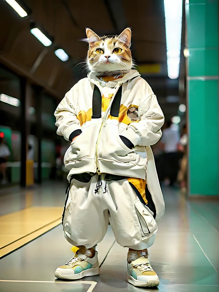 masterpiece, Highest quality, Cute cat, Wear a casual suit, sneakers, Cool look, Cute digital illustration art,low length、Short leg、