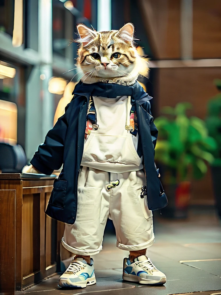 masterpiece, Highest quality, Cute cat, Wear a casual suit, sneakers, Cool look, Cute digital illustration art,low length、Short leg、