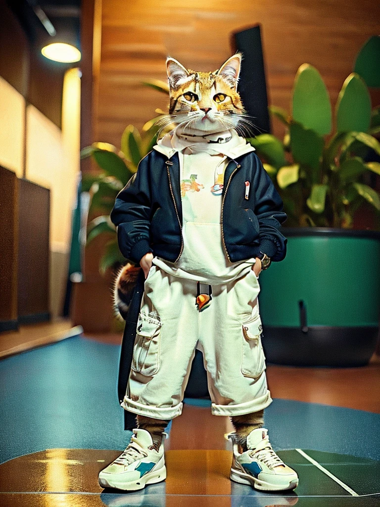 masterpiece, Highest quality, Cute cat, Wear a casual suit, sneakers, Cool look, Cute digital illustration art,low length、Short leg、
