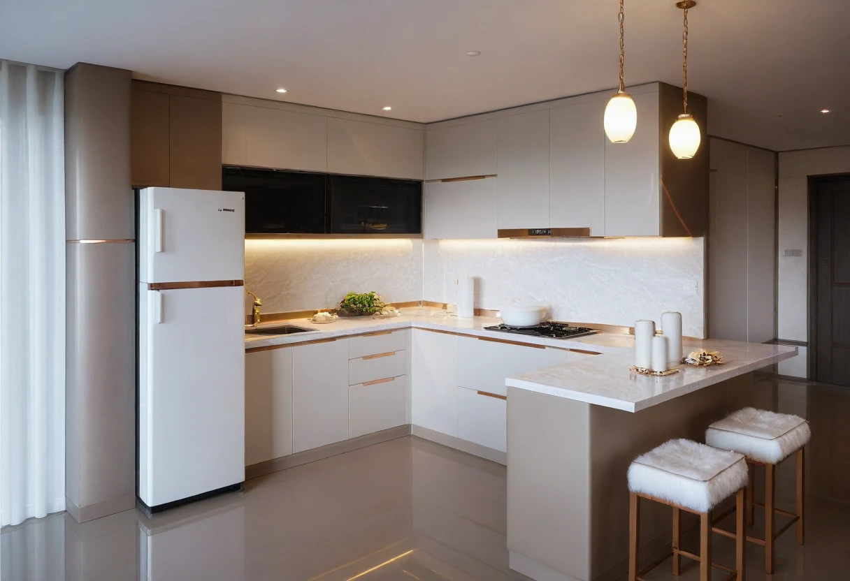 ,Masterpiece, Best quality,8K, Ultra-high resolution,When you step into the ((KITCHEN: 1.3)) ,Immediately surrounded by a rich atmosphere of luxury. The space was covered with a soft white fluffy blanket,It is so comfortable,So much so that you can't help but indulge in it。Embellished with precious porcelain and white-off Copper COLOR ornaments。Whenever it is late afternoon,The afterglow from the window spilled on the floor,Soft light and shadow are reflected,It was as if entering a dreamland.