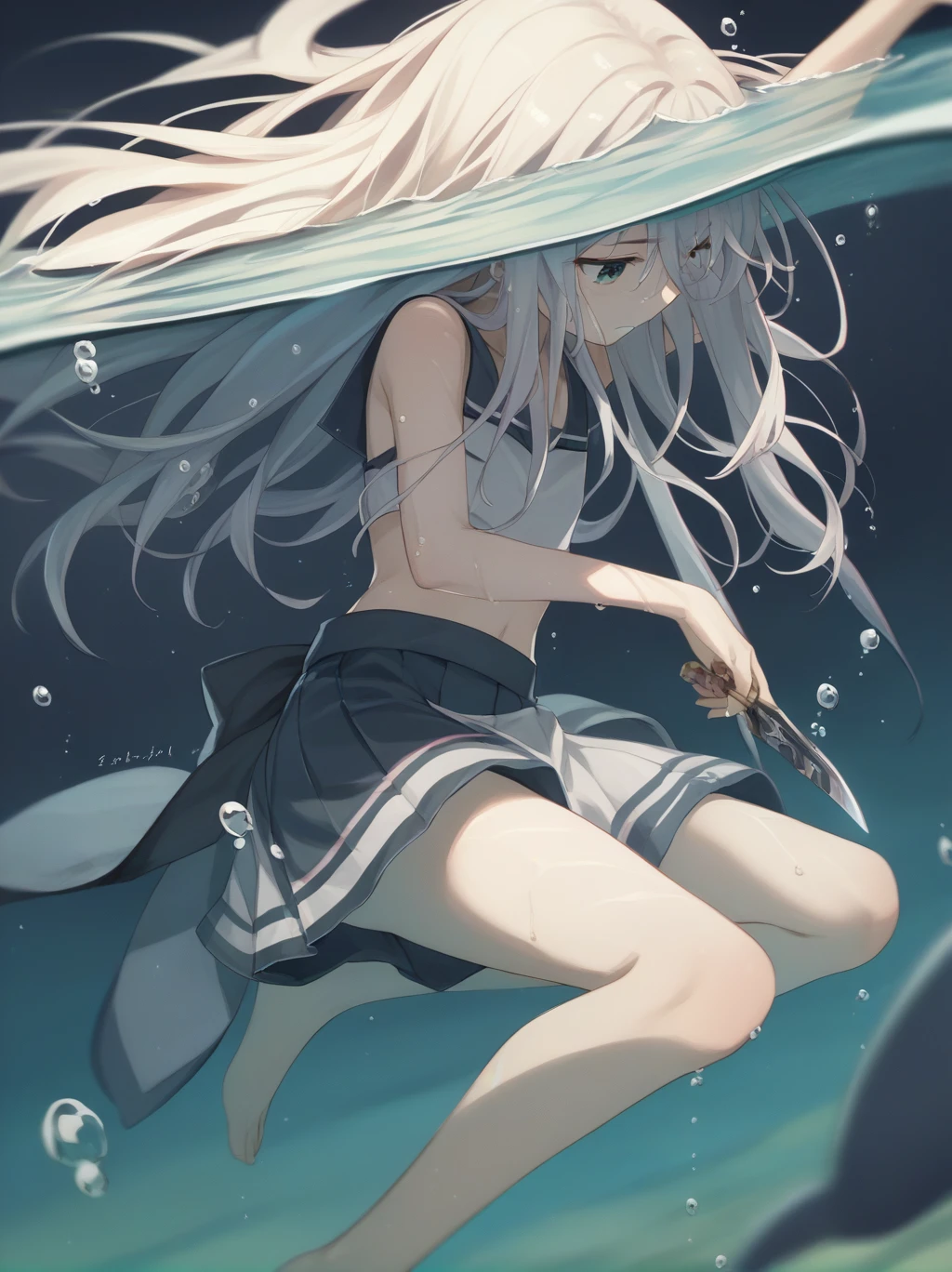  partially underwater, 
lakeの女神, Long Hair, Wet Hair,
lake,
Dark Background, Blurred Edges,8-year-old、Adventurer、Flat Chest、Pitch-dark underground labyrinth、No light、skirt、Equipped with a dagger and a shield、Above the neck above the water、Body in water, Underwater Photography、浮力でskirtがめくれる