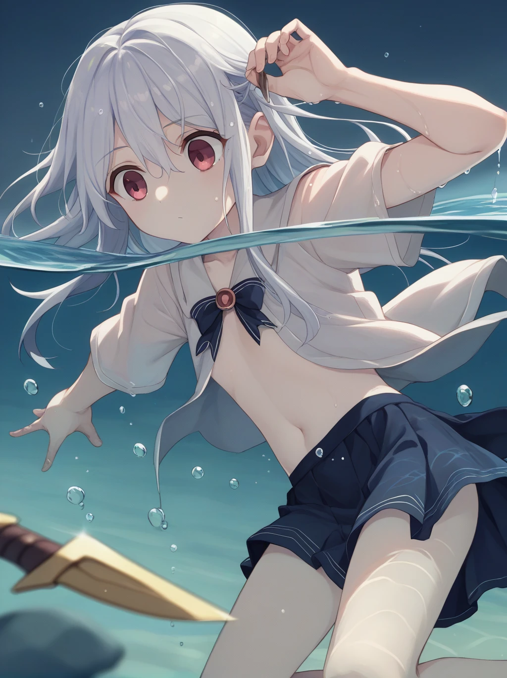 partially underwater,
lakeの女神, Long Hair, Wet Hair,
lake,
Dark Background, Blurred Edges,8-year-old、Adventurer、Flat Chest、Pitch-dark underground labyrinth、No light、skirt、Equipped with a dagger and a shield、Above the neck above the water、Body in water, Underwater Photography、浮力でskirtがめくれる