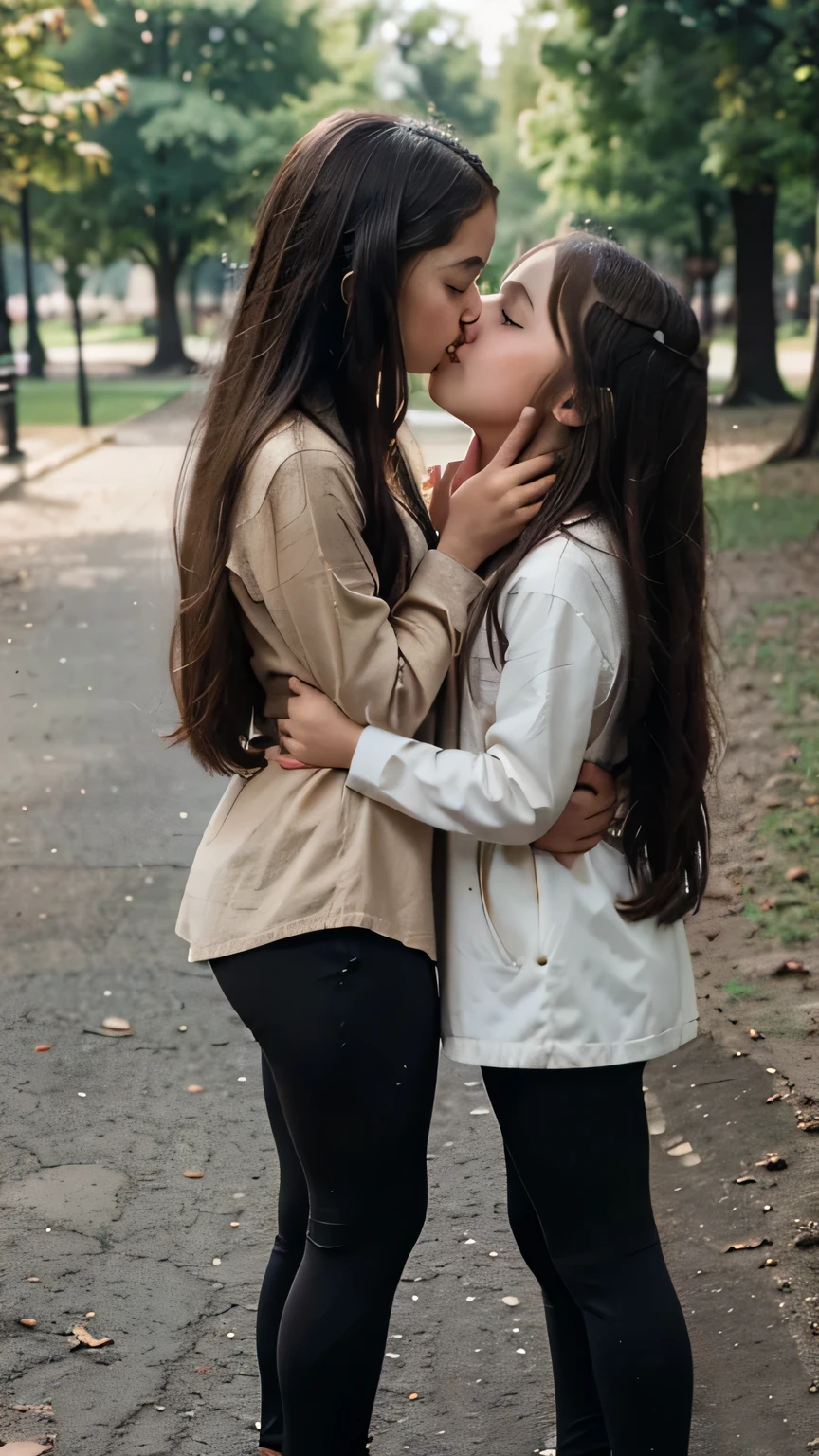 duas  girls, little, small, youth in the park, baby face, legginng hair, dando Kiss na bochecha, maximum perfection possible, similarity with reality, natural photo, kissing on the cheek, whole body, photoshot, Kiss