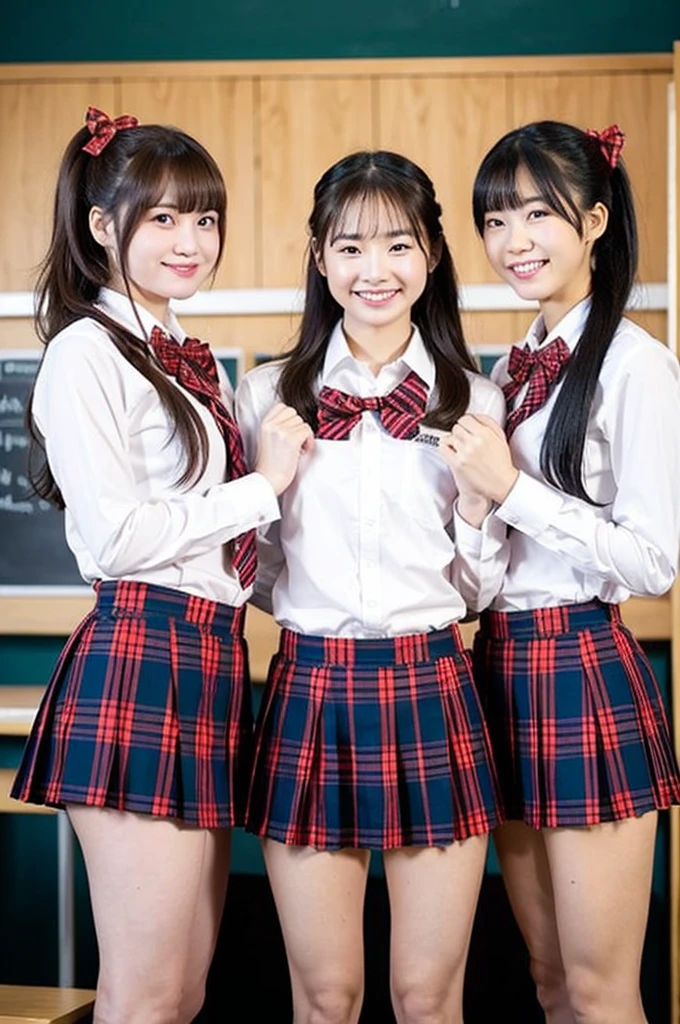 girls standing in school classroom, with red plaid bow tie,18-year-old,bangs,a little smiles,thighs,knees,low ponytail,from below