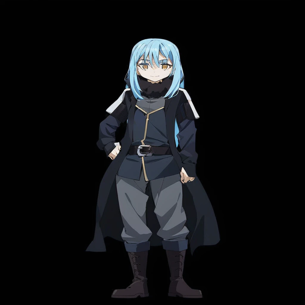  Blue long hair、Golden Eyes、 Black coat、 Long sleeve inner、Shoulder decoration、Belted trousers、boots 、Gentle expression、Neutral appearance、 Black fur at neck、Thin eyebrows、Sharp features、Slim figure、Outfits with a simple design、No gloves