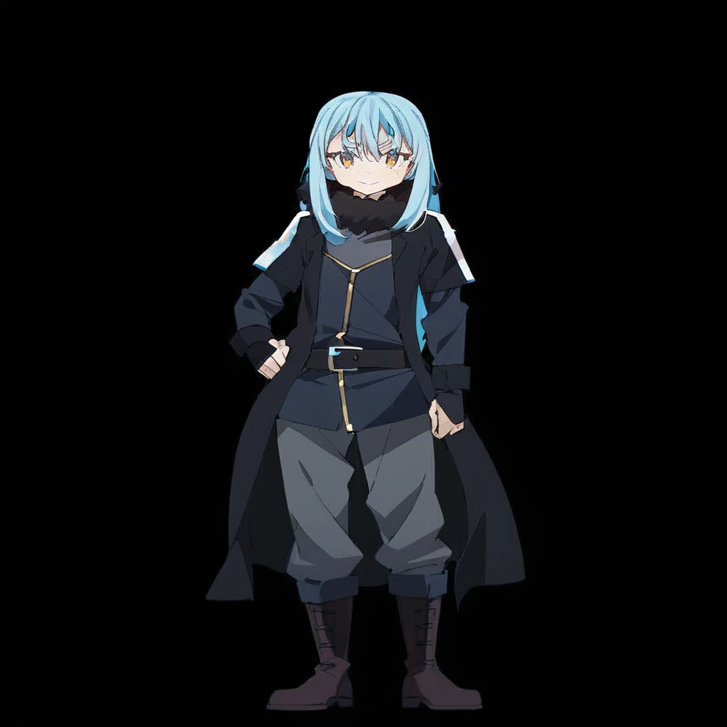  Blue long hair、Golden Eyes、 Black coat、 Long sleeve inner、Shoulder decoration、Belted trousers、boots 、Gentle expression、Neutral appearance、 Black fur at neck、Thin eyebrows、Sharp features、Slim figure、Outfits with a simple design、No gloves
