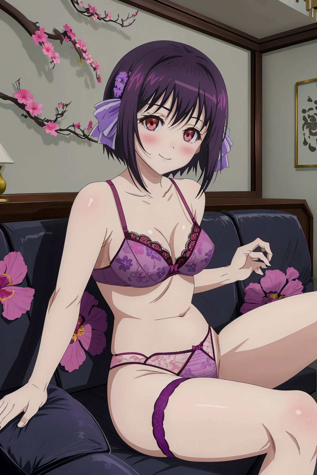 [[anime styled]],[[digitalart]],masterpiece,best quality,Tomomi_Xijing,(red eyes),black hair,bob cut,Short hair,Hair Ribbon,(midium build),NSFW,1girl,((sitting on the couch,reclining)),face focus,short torso,[perfect anatomy],,(()),((purple floral lace pant((purple floral lace bra)),(lingerie),cameltoe,relaxing,smile,blush,spread legskground living room,couch