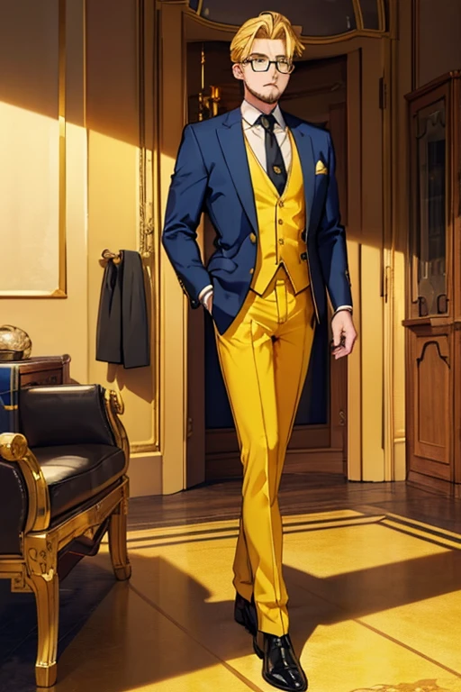 male, blonde hair, blue eyes, trimmed goatee, (((1boy))), (((golden yellow business suit))), (golden yellow pants), (black dress shirt), (brown necktie), (black dress shoes), (glasses), older man, lion ears on head