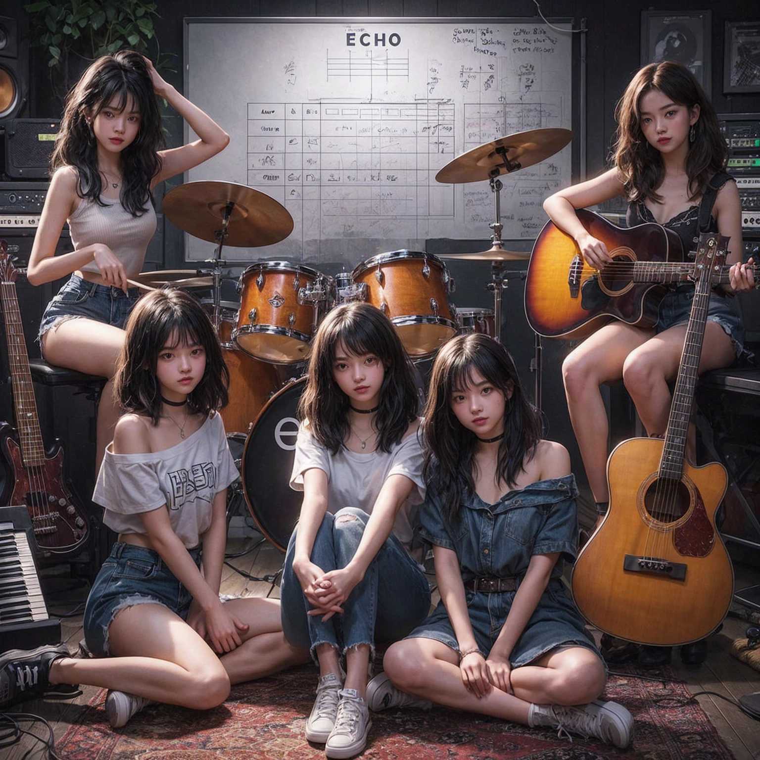 **Photo of 5 beautiful girls, aged 18 to 20, sitting:**

- **3 girls with messy black hair**
- **1 girl with wavy bob black hair**
- **1 girl with a black ponytail**

One girl is playing the drums, one girl is playing the piano, one girl is playing the bass guitar, one girl is playing the guitar, and one girl is singing. They are sitting behind a board with the word "ECHO" written on it. The background is a music studio, complete with drums, guitars, bass guitar, and piano. The image is ultra HD, 4k, photorealistic, raw, and a masterpiece.