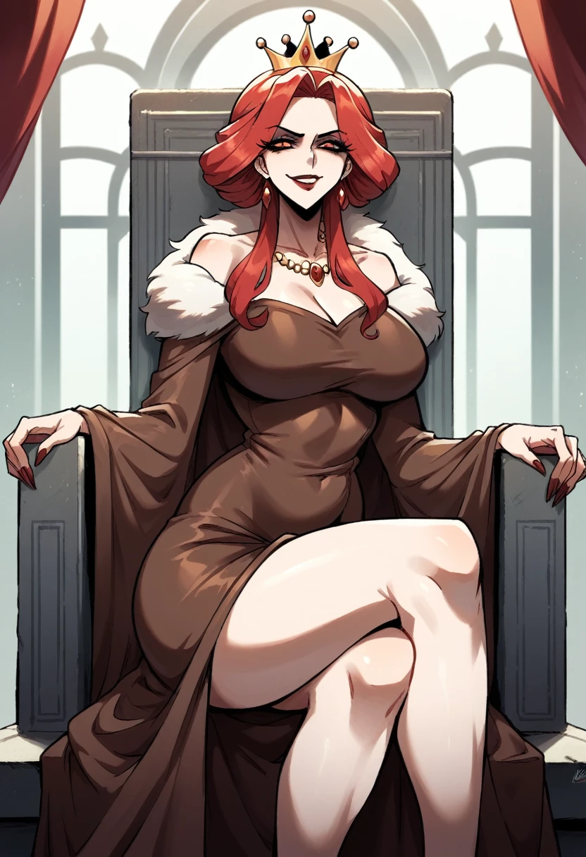 A beautiful woman sitting on a throne, pale skin and flowing red hair, medium legnth hair, dutchess in modest adornment, modest clothing, full dress, fur collar, brown dress, warm colours, mature woman, sharp features, sly smile, evil queen, knoght queen, lodgehouse background