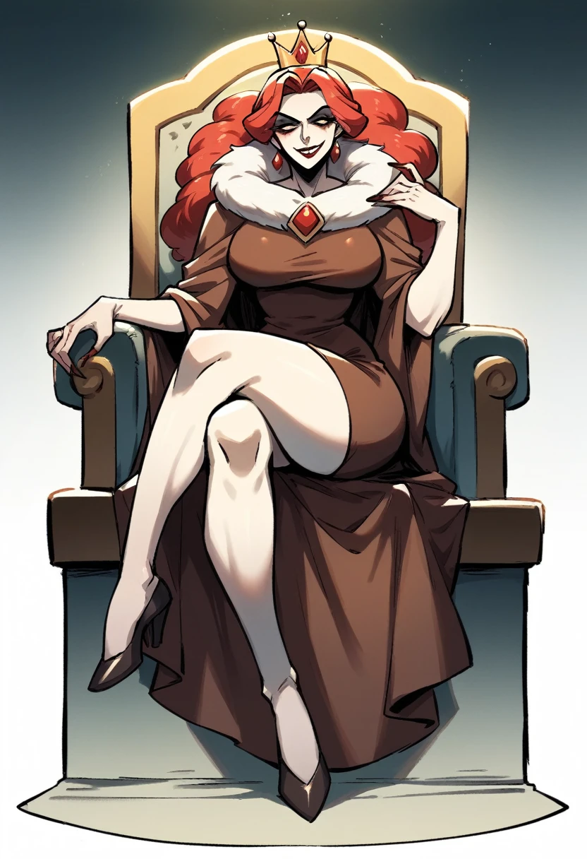 A beautiful woman sitting on a throne, pale skin and flowing red hair, medium legnth hair, dutchess in modest adornment, modest clothing, full dress, fur collar, brown dress, warm colours, mature woman, sharp features, sly smile, evil queen, knoght queen, lodgehouse background