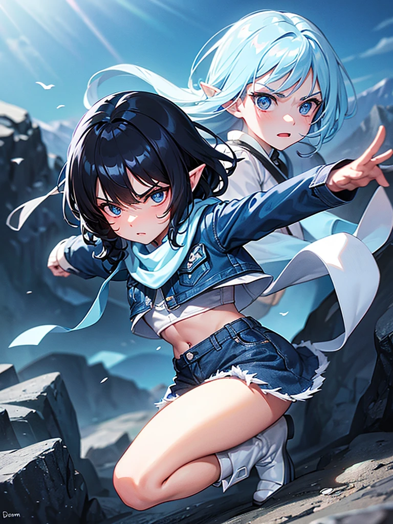 Rocky area deep in the mountains。Elf Girl。Black Hair、Shortcuts。Blue jeans mini skirt、Blue denim jacket、White scarf、White boots。He is taking a karate stance and glaring at his opponent.。