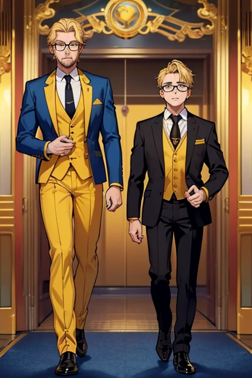 male, blonde hair, blue eyes, trimmed goatee, (((1boy))), (((golden yellow business suit))), (golden yellow pants), (black dress shirt), (brown necktie), (black dress shoes), (glasses), older man, lion ears on head