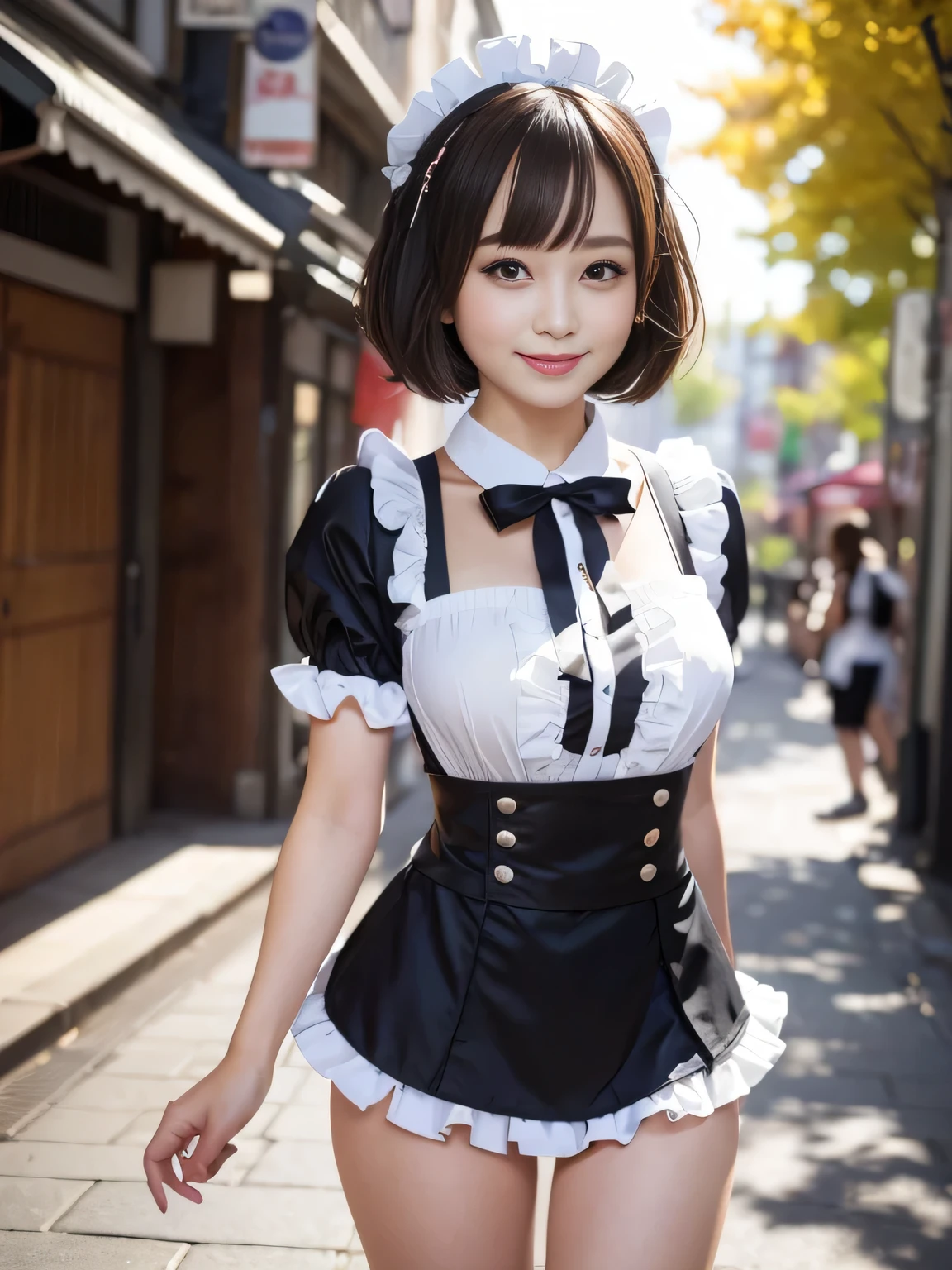 ((SFW: 1.4)), ((SFW, Super Short Hair, side lock hair, One girl)), smile、smile、Smiling with teeth showing、Full Body Shot、Thighs、Run、Cityscape Ultra High Resolution, (Realistic: 1.4), RAW Photos, Highest quality, (PhotoRealistic Stick), concentrated, Soft Light, ((18-year-old)), ((Japanese)), (( (Young Face))), (surface), (Depth of written boundary), masterpiece, (Realistic), Highly detailed wearing (( Maid outfit with frills and ribbons)), bangs, ((1 Girl)),(bust:1.5)