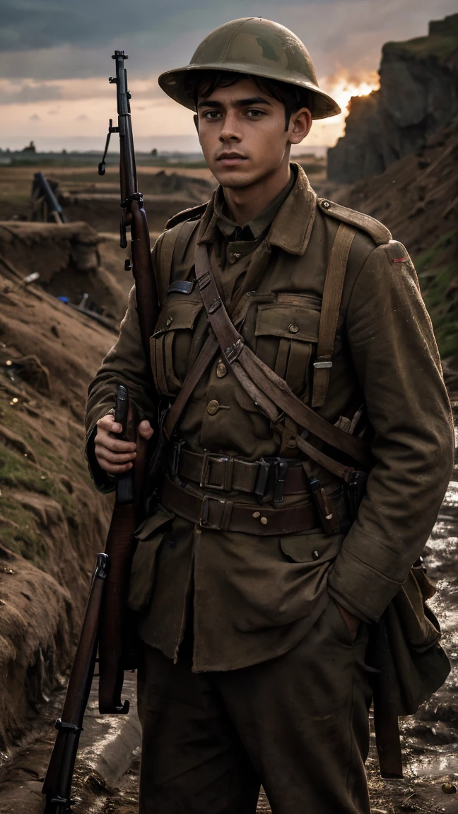 (masterpiece), best quality, expressive eyes, perfect face, cliffs, man, trenches, dirty, uniform, realistic, HD, holding Rifle, Enfield rifle, Somme, trench warfare, bayonet, dusk, explosion, bombarded, Harry Styles, stock rifle