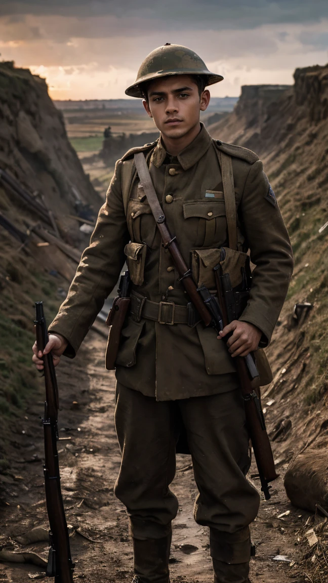 (masterpiece), best quality, expressive eyes, perfect face, cliffs, man, trenches, dirty, uniform, realistic, HD, holding Rifle, Enfield rifle, Somme, trench warfare, bayonet, dusk, explosion, bombarded, Harry Styles, stock rifle