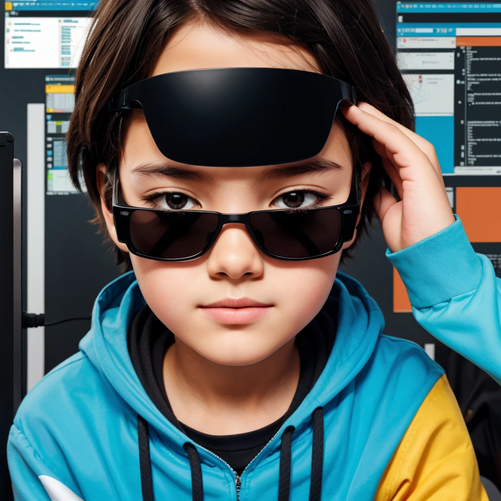 A boy programmer has cover their face wearing sunglasses, coding running on background, vector art