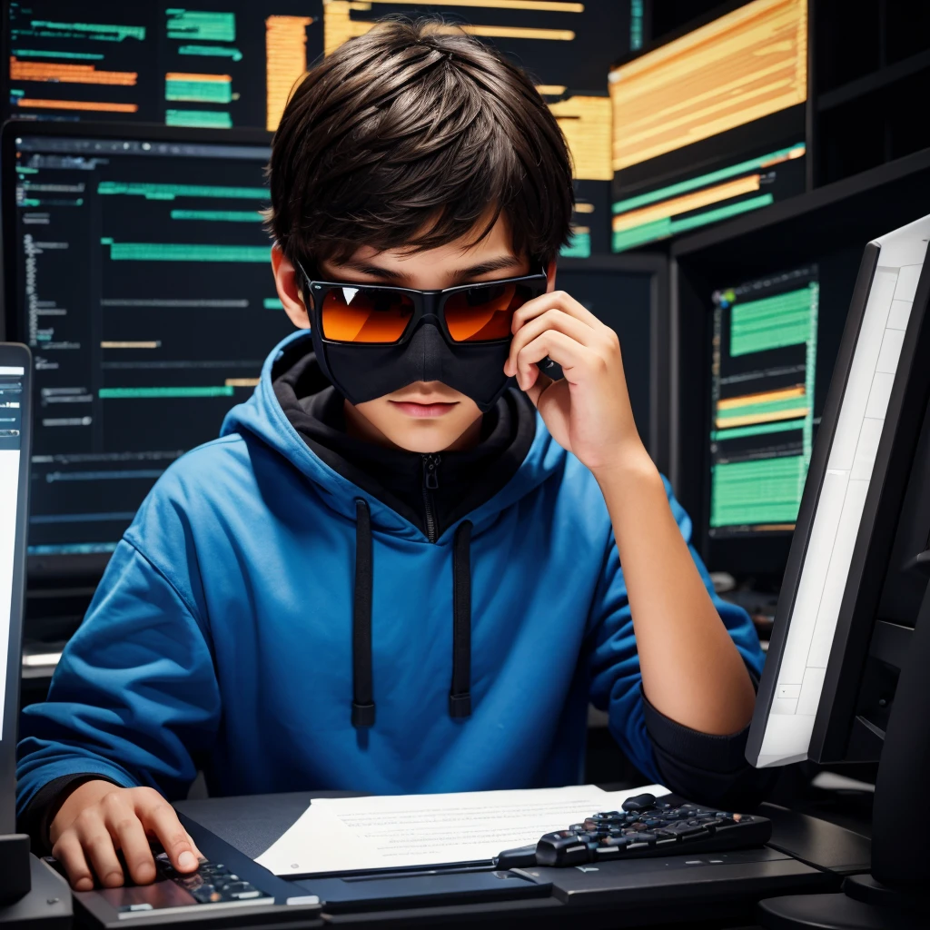 A boy programmer has cover their face wearing sunglasses, coding running on background, vector art 