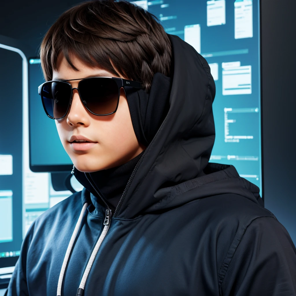 A boy programmer has cover their face wearing sunglasses, coding running on background, vector art 