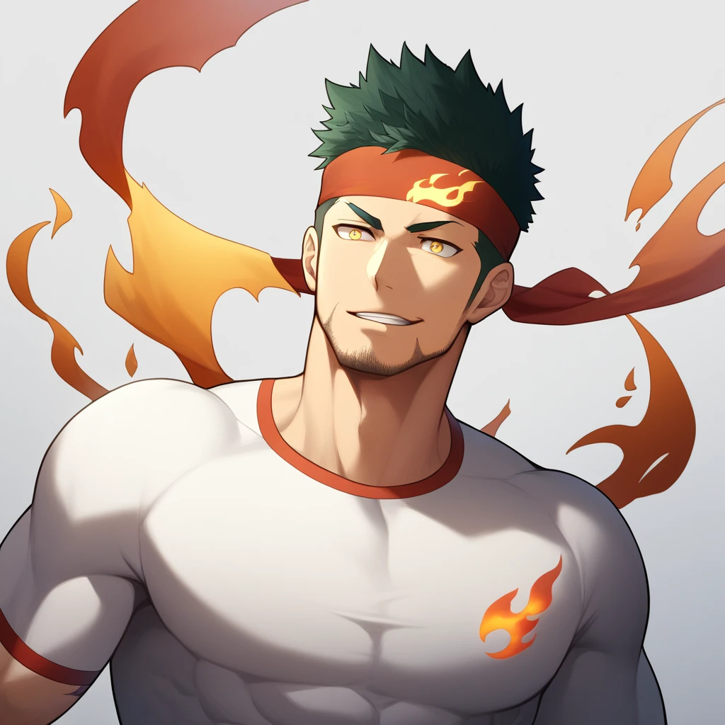 anime characters:Gyee, priapus, 1 young muscular man, male focus, Flame tattoo, sports Red headband, Creamy white spandex tight T-shirt, muscular male, muscular, only, Upper body, alone, Black short hair, stubble, Yellow eyes, White background, simple background, amazing quality, best aesthetics, Ridiculous, bright pupils, crew cut, naughty face, torogao, parted lips, best quality