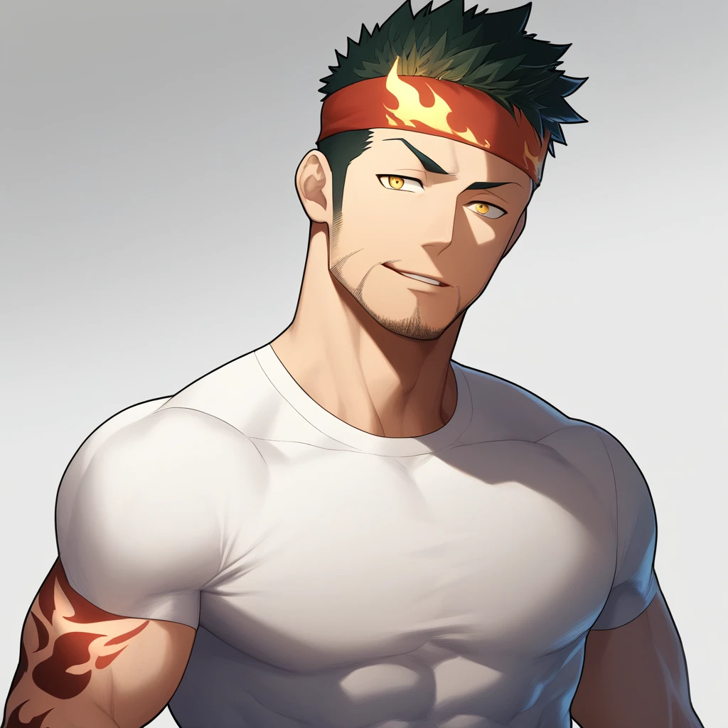 anime characters:Gyee, priapus, ung muscular man, male focus, Flame tattoo, sports Red headband, Creamy white spandex tight T-shirt, muscular male, muscular, only, Upper body, alone, Black short hair, stubble, Yellow eyes, White background, simple background, amazing quality, best aesthetics, Ridiculous, bright pupils, crew cut, naughty face, torogao, parted lips, best quality