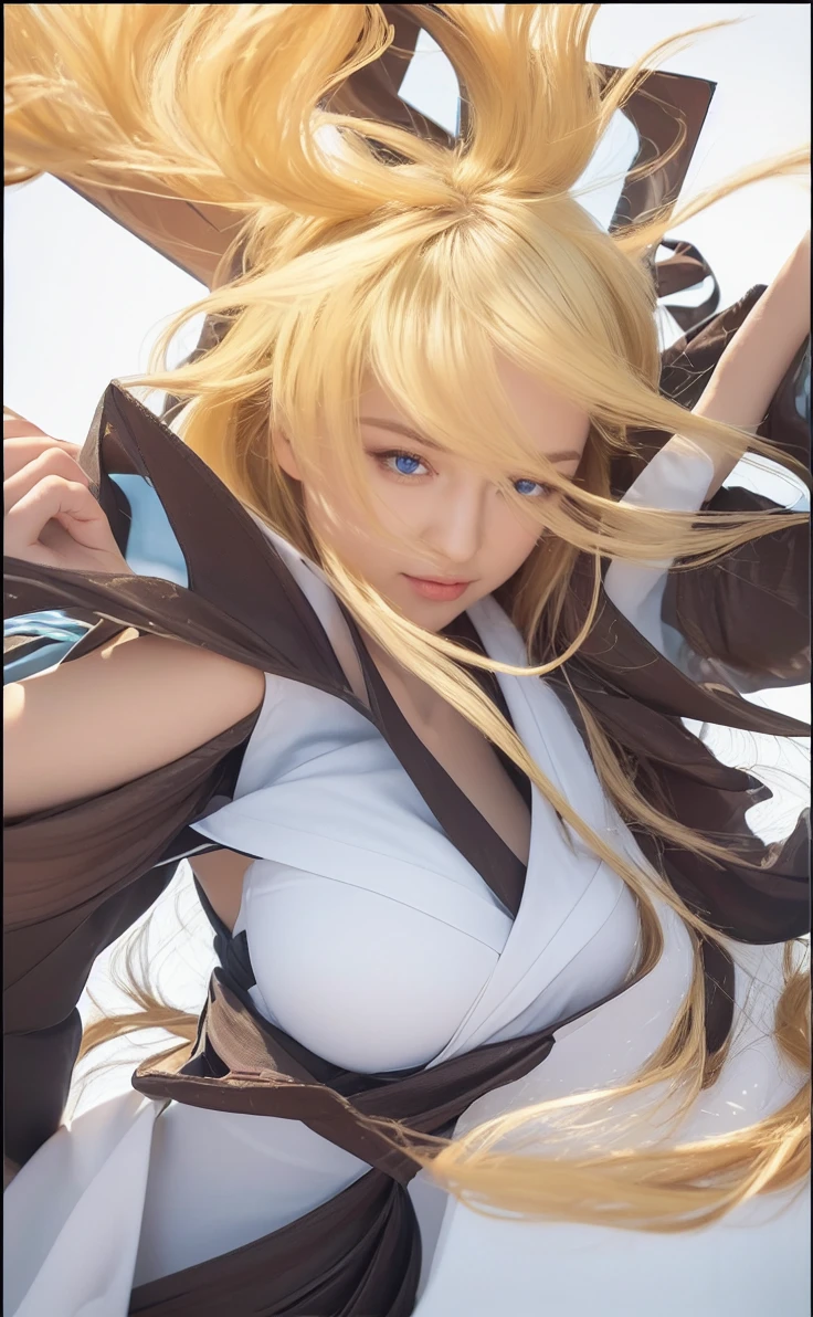 ((Best quality, 8k, Masterpiece :1.3)), upper body, Sharp focus:1.2, Beautiful woman with perfect digure, Highly detailed facial and skin textur le, Detailed eyes, Fouble eyelids, Interior view, flerpect lighting, Glowing skin, high breasts, blonde hair, long hair