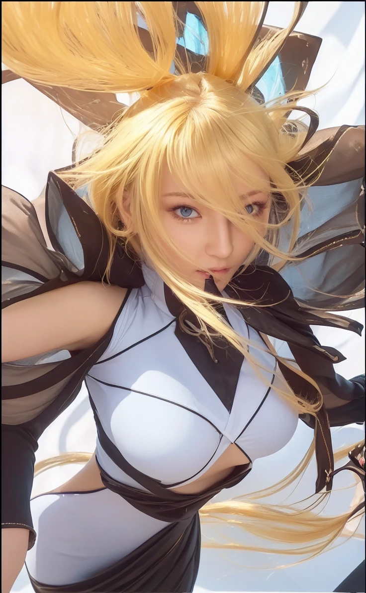 ((Best quality, 8k, Masterpiece :1.3)), upper body, Sharp focus:1.2, Beautiful woman with perfect digure, Highly detailed facial and skin textur le, Detailed eyes, Fouble eyelids, Interior view, flerpect lighting, Glowing skin, high breasts, blonde hair, long hair