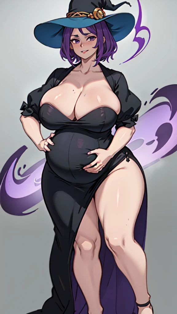 pregnant woman, older, in their 30s, with short purple hair and a tall, curvy body, vista sideways, sideways, breasts big, (work of art, best qualityer:1.2) wearing the legendary great black dress of the mystical sorceress, Big witch hat, breasts big gestante, clothes covering the whole body, detailed mysterious look