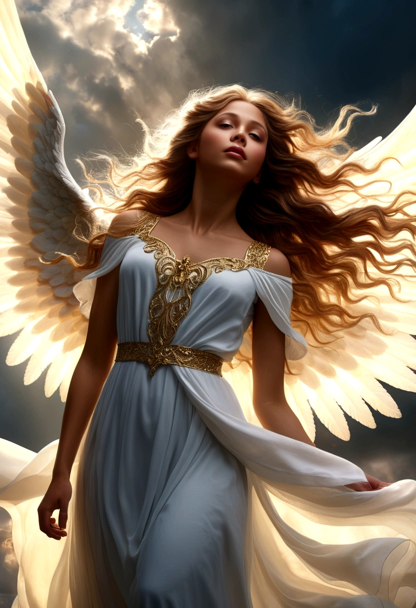a beautiful angel, falling from heaven, dramatic lighting, cinematic scene, intricate detailed wings, angelic facial features, long flowing hair, ethereal glowing aura, dramatic pose, cloudy sky background, dramatic lighting, dramatic atmosphere, fantasy, concept art, digital painting, photorealistic, highly detailed, 8k, (best quality,4k,8k,highres,masterpiece:1.2),ultra-detailed,(realistic,photorealistic,photo-realistic:1.37),cinematic lighting,dramatic colors