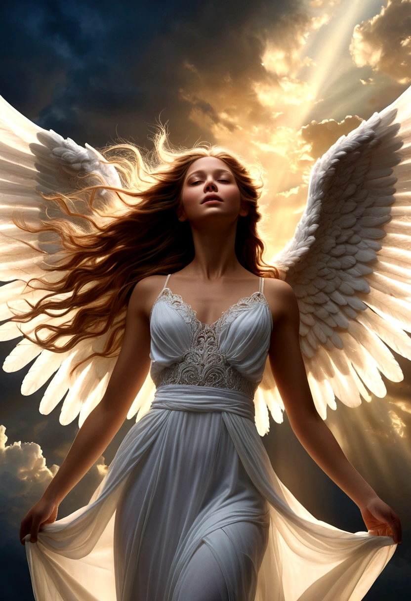 a beautiful angel, falling from heaven, dramatic lighting, cinematic scene, intricate detailed wings, angelic facial features, long flowing hair, ethereal glowing aura, dramatic pose, cloudy sky background, dramatic lighting, dramatic atmosphere, fantasy, concept art, digital painting, photorealistic, highly detailed, 8k, (best quality,4k,8k,highres,masterpiece:1.2),ultra-detailed,(realistic,photorealistic,photo-realistic:1.37),cinematic lighting,dramatic colors