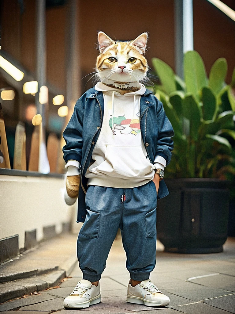 masterpiece, Highest quality, Cute cat, Wear a casual suit, sneakers, Cool look, Cute digital illustration art,low length、Short leg、