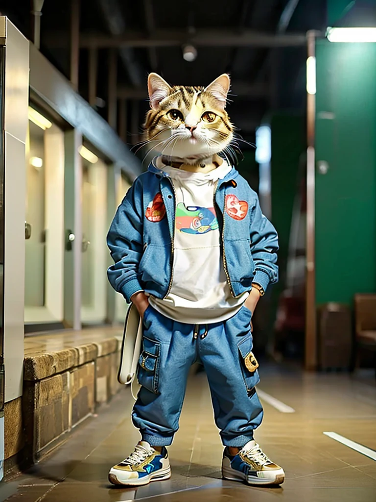 masterpiece, Highest quality, Cute cat, Wear a casual suit, sneakers, Cool look, Cute digital illustration art,low length、Short leg、