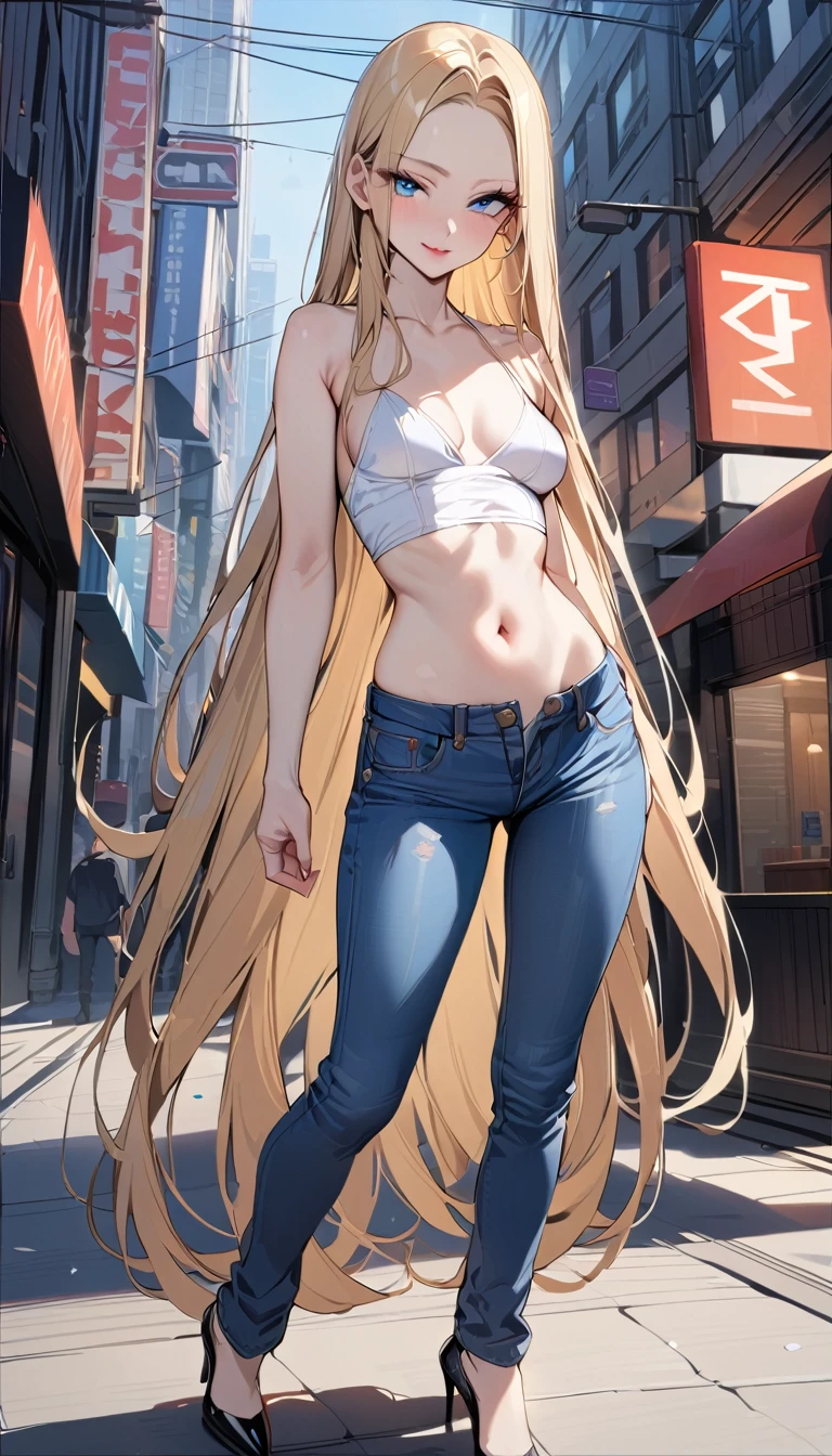 ((best quality, masterpiece:1.3, 8K)), (detailed), highly detailed face and skin texture, detailed eyes, downtown, full body, seductive pose, slender body, 1girl, 25 years old, white skin, blue eyes, bright lips, seductive smile, blonde hair, straight hair, very long hair, (forehead:1.0), white croptop, no sleeves, navel, jeans pants, flares jeans, blue jeans, black heels, 