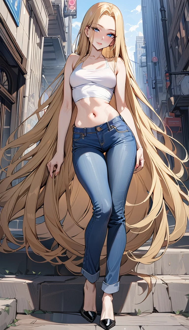 ((best quality, masterpiece:1.3, 8K)), (detailed), highly detailed face and skin texture, detailed eyes, downtown, full body, seductive pose, slender body, 1girl, 25 years old, white skin, blue eyes, bright lips, seductive smile, blonde hair, straight hair, very long hair, (forehead:1.0), white croptop, no sleeves, navel, jeans pants, flares jeans, blue jeans, black heels, 