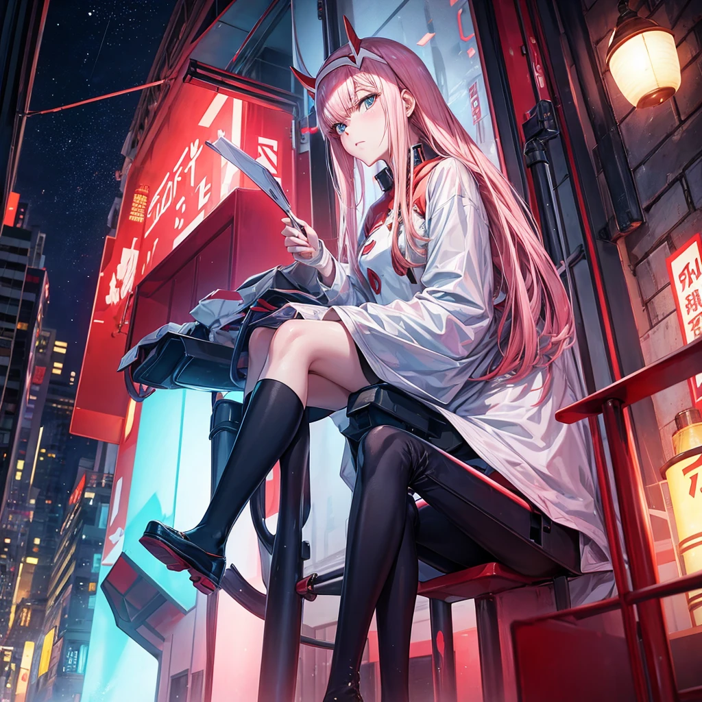 Character Zero two, anime: darling in the franxx, In the city, Evening, Rain Conditions, Sitting in the shop, Stargazing