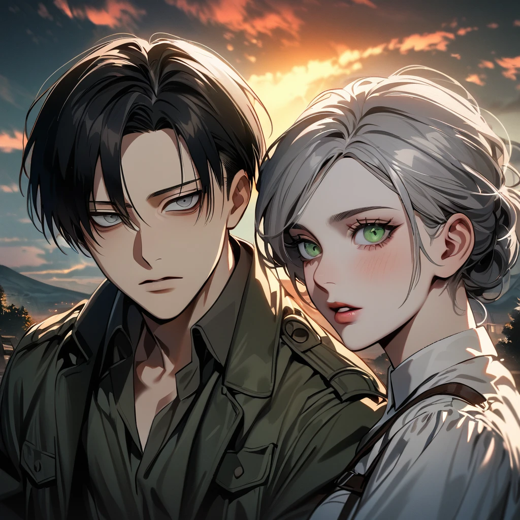 Ultra detailed, Highres, absurdres, HDR, Levi Ackerman, black hair, grey eyes, Shingeki No Kyojin, extremely handsome, 1 man with 1 woman, she have white hair and green eyes, the woman is part of the squad, the sunset, full-body portraits, dark ambiance, only two people