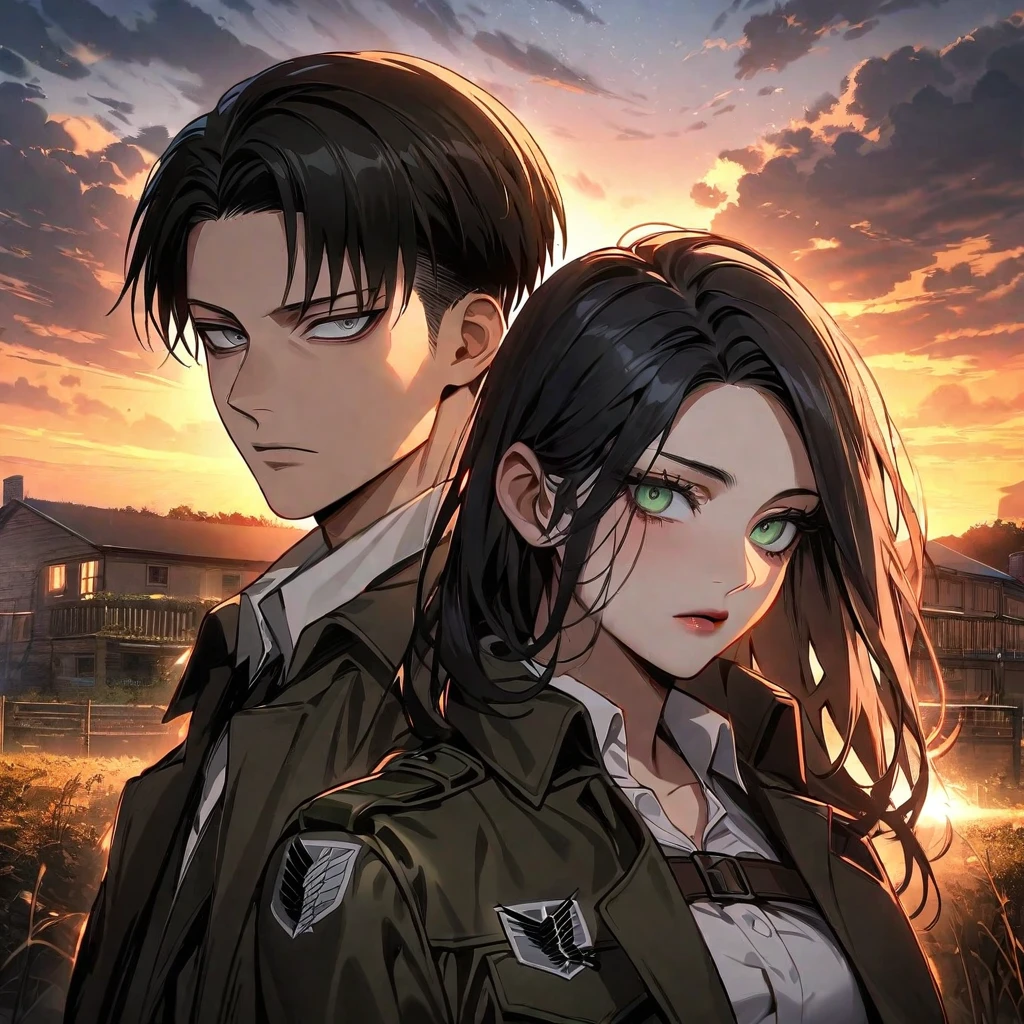 Ultra detailed, Highres, absurdres, HDR, Levi Ackerman, black hair, grey eyes, Shingeki No Kyojin, extremely handsome, 1 man with 1 woman, she have white hair and green eyes, the woman is part of the squad, the sunset, full-body portraits, dark ambiance, only two people