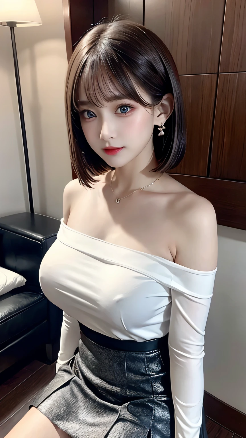 1girl, solo, breasts, jewelry, skirt, necklace, shirt, looking at viewer, indoors, cleavage, short hair, bare shoulders, off shoulder, black shirt, standing, off-shoulder shirt, long sleeves, blue eyes, realistic, flower, lamp, black hair, pencil skirt, bangs, miniskirt, table, breasts, lips, collarbone, vase, white skirt, brown hair, earrings, side slit, bob cut, white flower, huge breasts, closed mouth