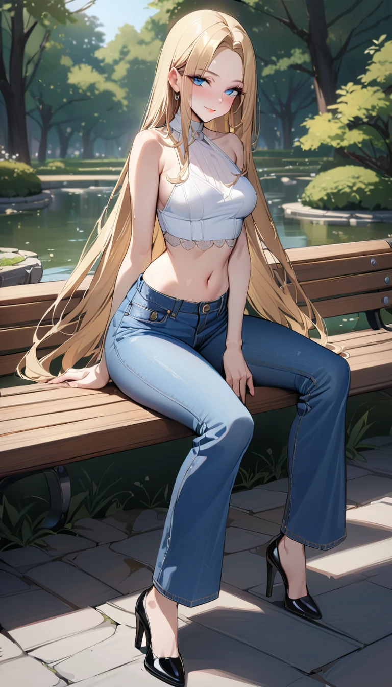 ((best quality, masterpiece:1.3, 8K)), (detailed), highly detailed face and skin texture, detailed eyes, park, pond, bench, full body, seductive pose, sitting, slender body, 1girl, 25 years old, white skin, blue eyes, bright lips, seductive smile, blonde hair, straight hair, very long hair, (forehead:1.0), white croptop, no sleeves, navel, jeans pants, flares jeans, blue jeans, black heels, 