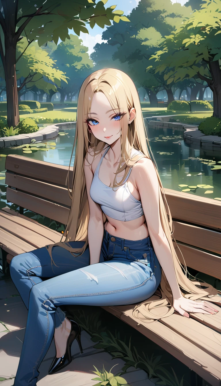 ((best quality, masterpiece:1.3, 8K)), (detailed), highly detailed face and skin texture, detailed eyes, park, pond, bench, full body, seductive pose, sitting, slender body, 1girl, 25 years old, white skin, blue eyes, bright lips, seductive smile, blonde hair, straight hair, very long hair, (forehead:1.0), white croptop, no sleeves, navel, jeans pants, flares jeans, blue jeans, black heels, 