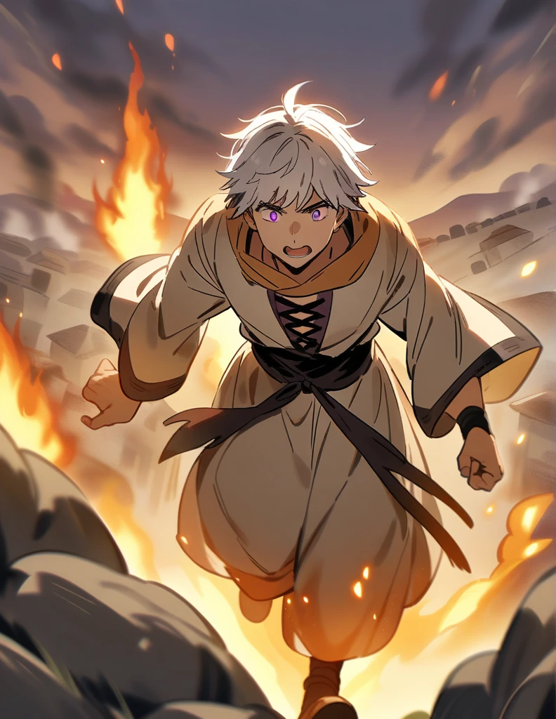 Greek boy with white hair, violet eyes, wearing peasant clothes, desperate and running towards his burning village