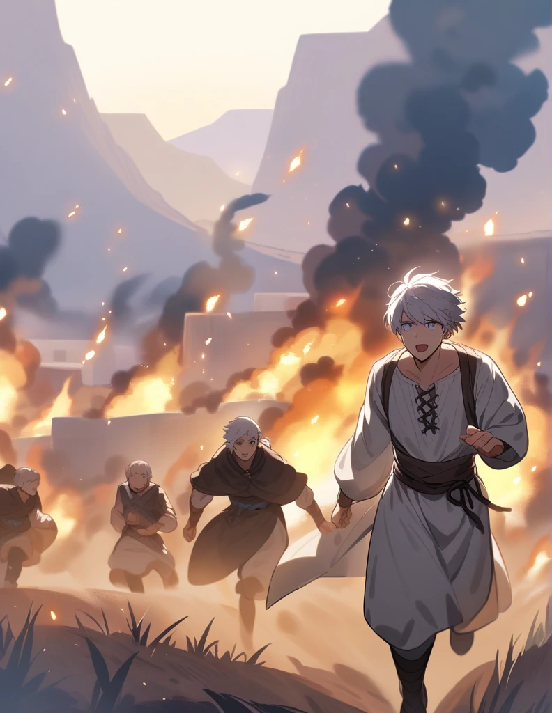 Greek boy with white hair, violet eyes, wearing peasant clothes, desperate and running towards his burning village