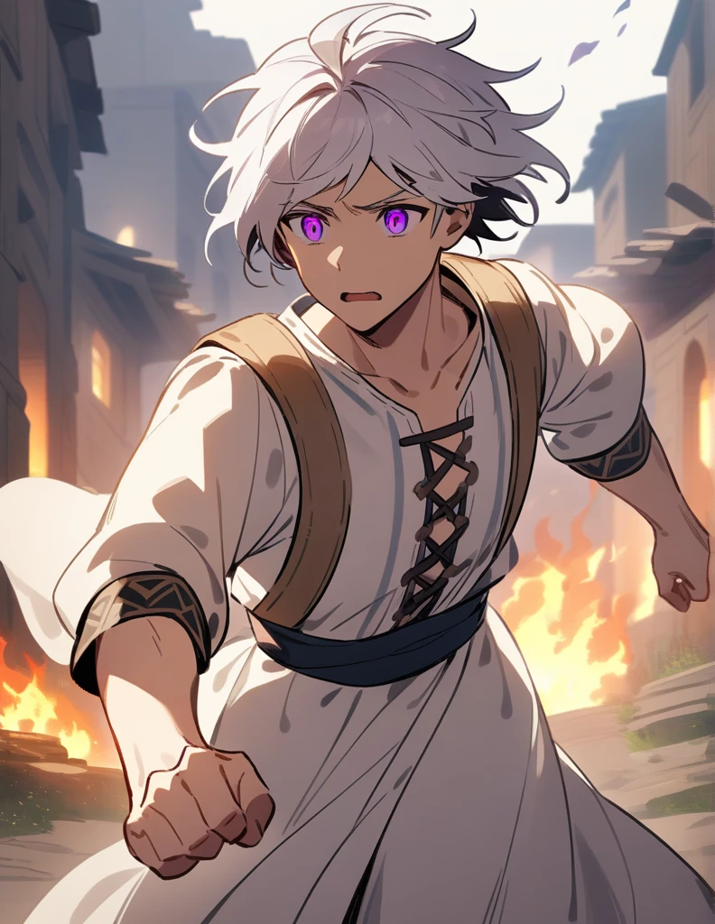 Greek boy with white hair, violet eyes, wearing peasant clothes, desperate and running towards his burning village