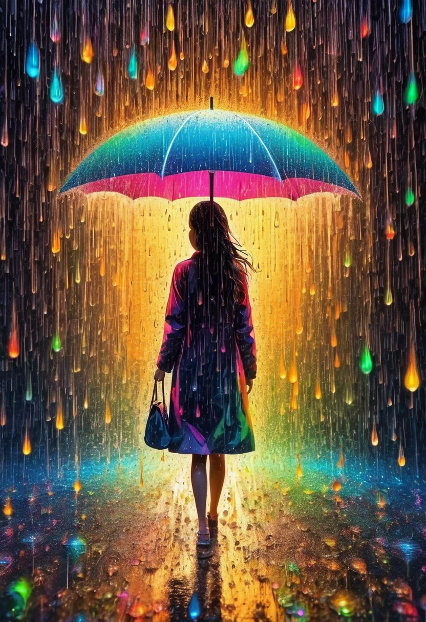 high quality, 8K, A vibrant canvas illuminated by colorful raindrops, Form a large outline (Mysterious female figure) Block some rain, Dynamic lines and patterns
