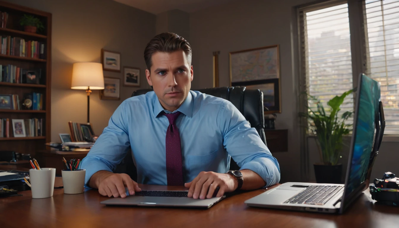 (8K), (Best quality) , (best details), (ultra realistic), (high resolution), (Masterpiece:1.2), (UHD), portrait, res, Robust construction,Vivid colors,Soft lighting, Subtle shadows, vibrant color palette. The office is filled with a buzz of activity as the businessman sits at his desk, surrounded by cutting-edge technology. His eyes focused and intense looking at the laptop in front of him.