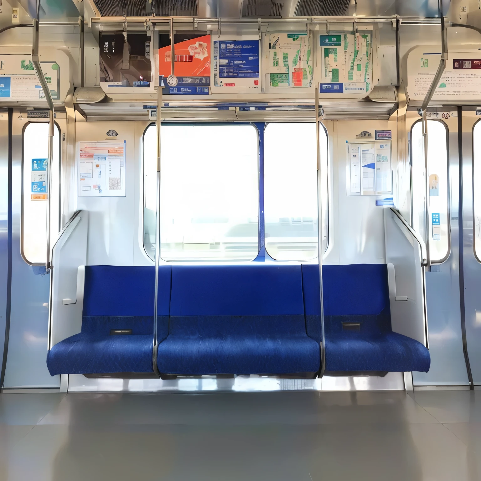 Arabian style view of a train with blue seats and windows, interior, subway, subwayの車内, Inside the train, completely empty, platform, I sat on the train, by Yokoyama Taikan, interior photograph, subwayで, JR SC Linear Motor Car, Wide Long Shot, by Oze Kanaoka, Wide windows