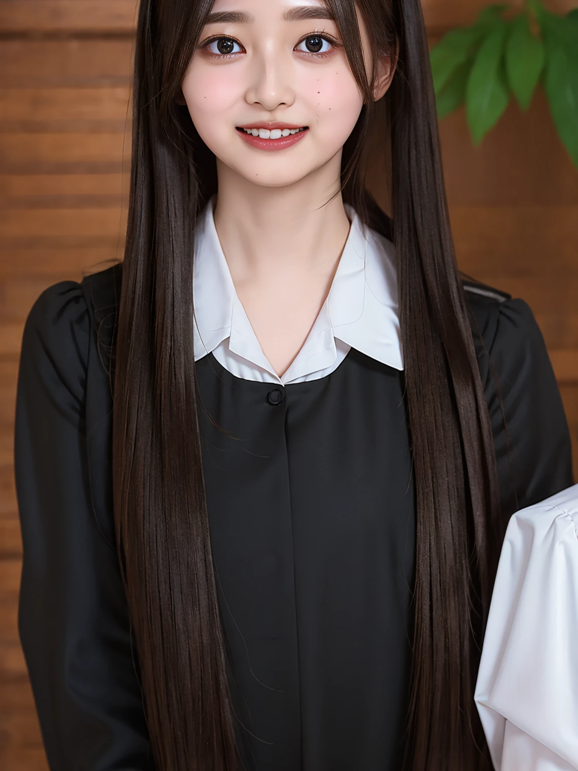 ((highest quality、8k、masterpiece:1.3)),((((upper body shot)))),Ultra-high resolution,big eyes,Japanese,forehead,bangs,(a girl),(1 girl),((************)),((cute)),pretty,((facing at viewer)),(long hair),((black shirts)),grin